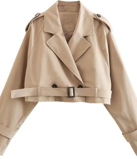 Womens Cropped Jacket Long Sleeve Belted Trench Coat Solid Color