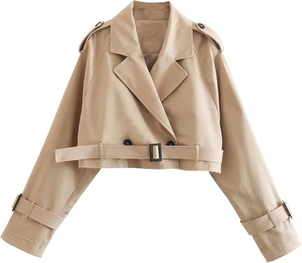 Womens Cropped Jacket Long Sleeve Belted Trench Coat Solid Color