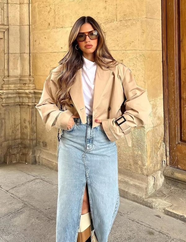 Womens Cropped Jacket Long Sleeve Belted Trench Coat Solid Color - Image 2