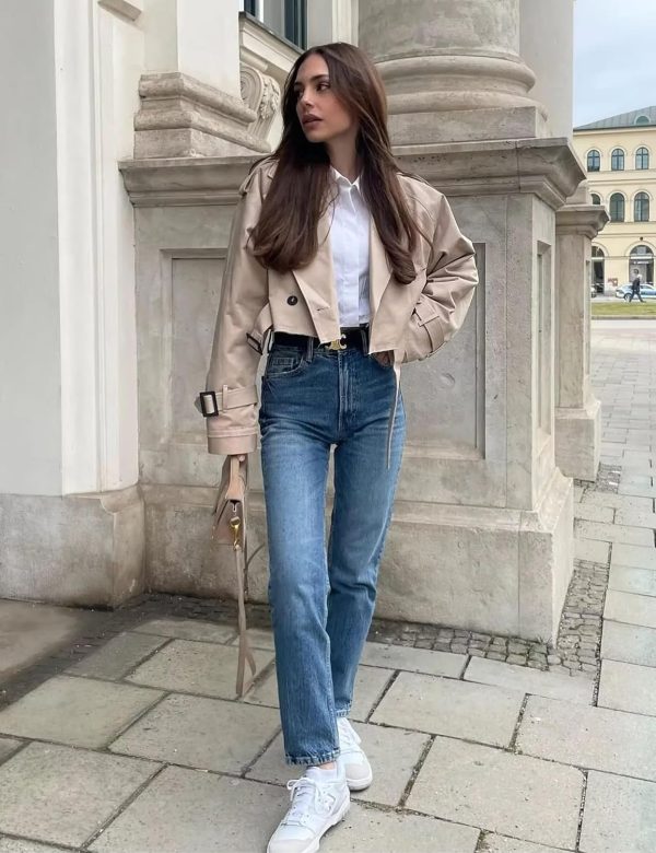 Womens Cropped Jacket Long Sleeve Belted Trench Coat Solid Color - Image 4