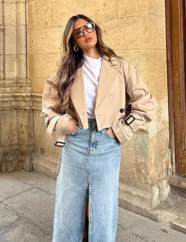 Womens Cropped Jacket Long Sleeve Belted Trench Coat Solid Color - Image 5