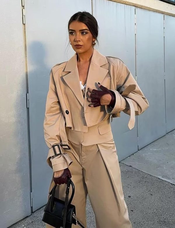 Womens Cropped Jacket Long Sleeve Belted Trench Coat Solid Color - Image 6